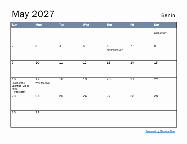 May 2027 Simple Monthly Calendar for Benin