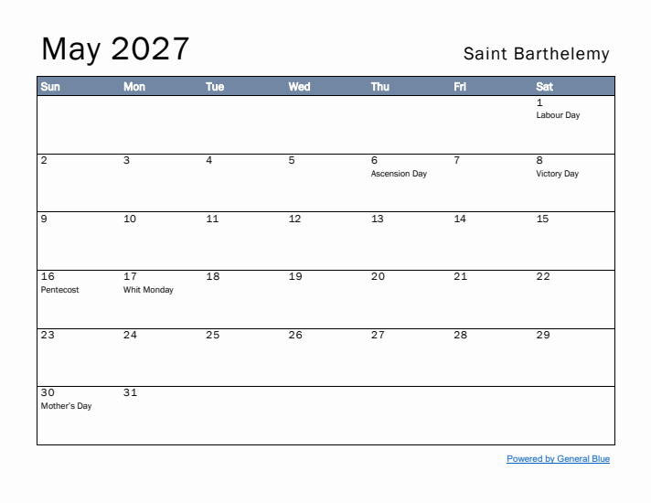 May 2027 Simple Monthly Calendar for Saint Barthelemy