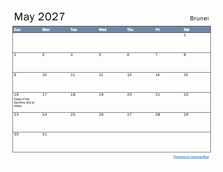 May 2027 Simple Monthly Calendar for Brunei