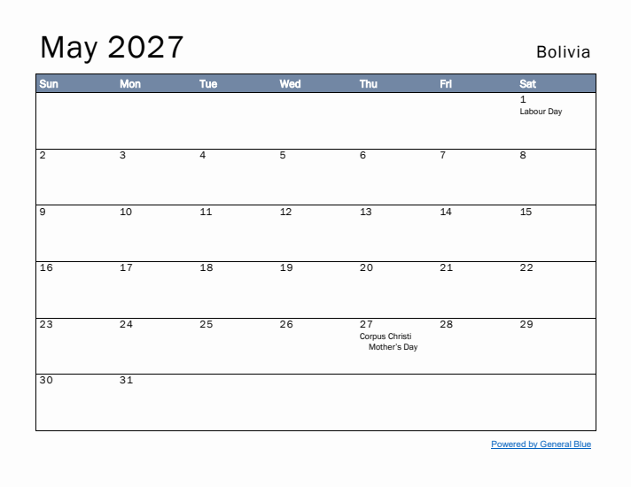 May 2027 Simple Monthly Calendar for Bolivia