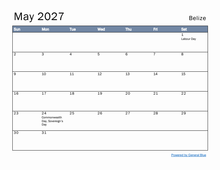 May 2027 Simple Monthly Calendar for Belize