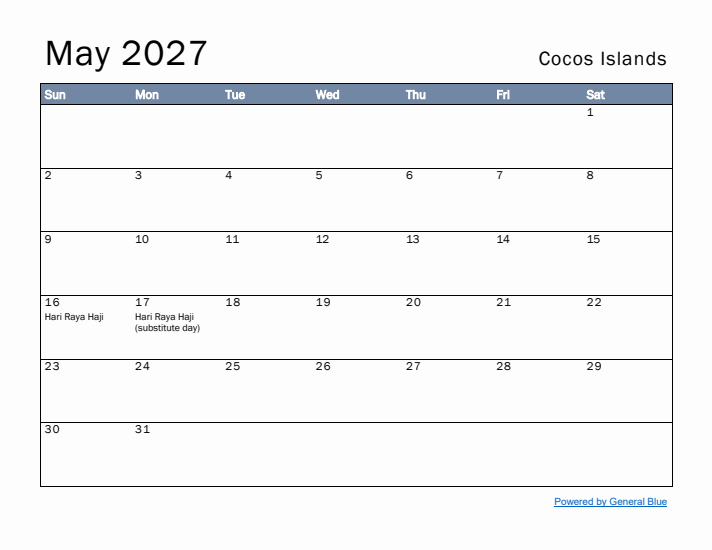 May 2027 Simple Monthly Calendar for Cocos Islands