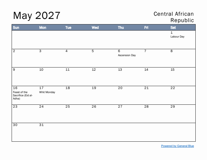 May 2027 Simple Monthly Calendar for Central African Republic