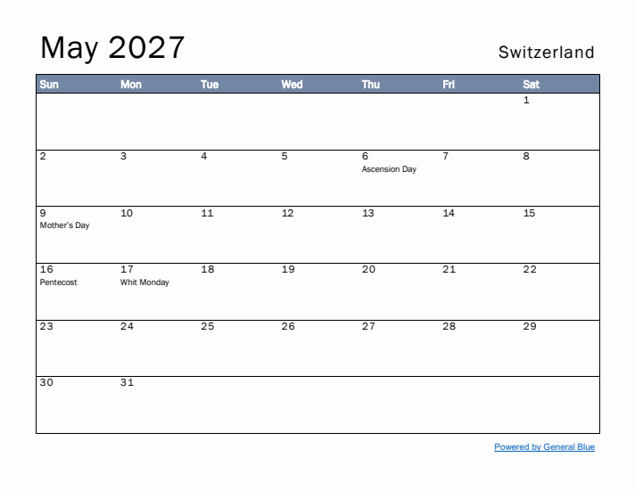 May 2027 Simple Monthly Calendar for Switzerland