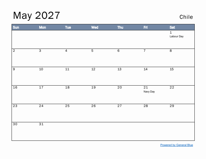 May 2027 Simple Monthly Calendar for Chile