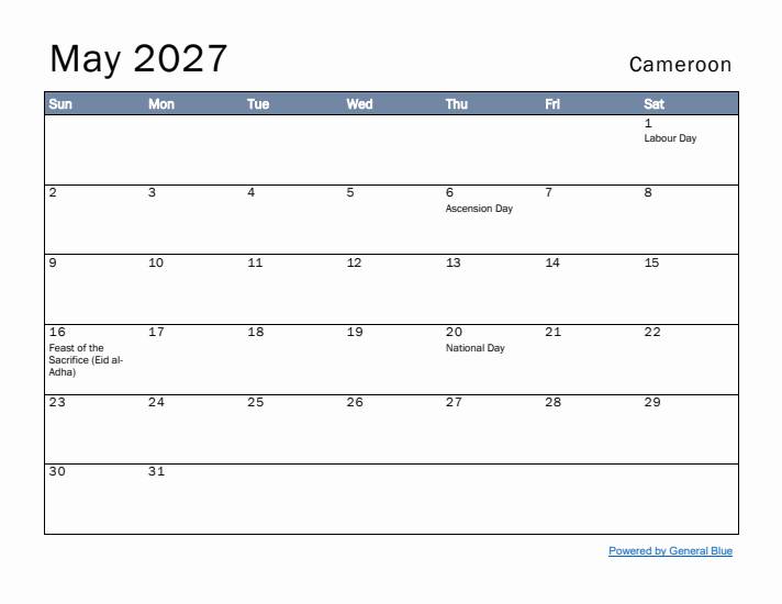 May 2027 Simple Monthly Calendar for Cameroon