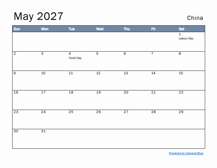 May 2027 Simple Monthly Calendar for China