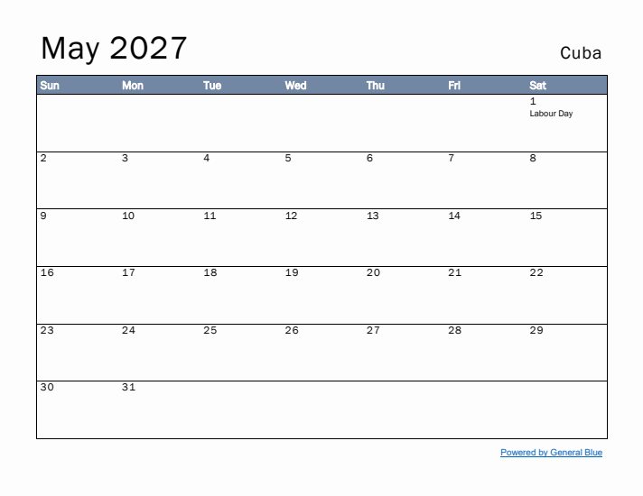 May 2027 Simple Monthly Calendar for Cuba