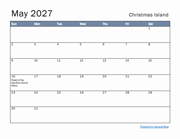 May 2027 Simple Monthly Calendar for Christmas Island