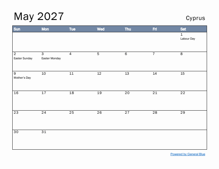 May 2027 Simple Monthly Calendar for Cyprus