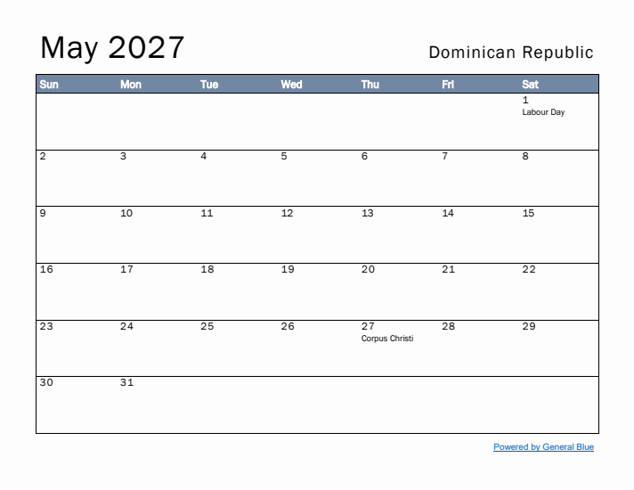 May 2027 Simple Monthly Calendar for Dominican Republic