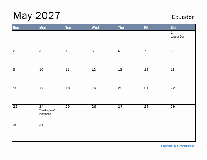 May 2027 Simple Monthly Calendar for Ecuador