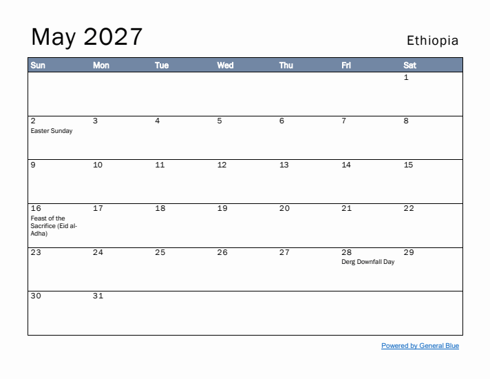 May 2027 Simple Monthly Calendar for Ethiopia