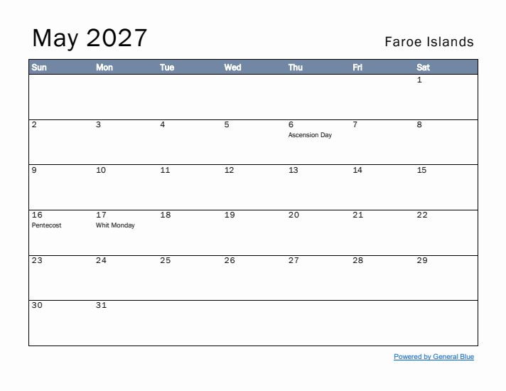 May 2027 Simple Monthly Calendar for Faroe Islands