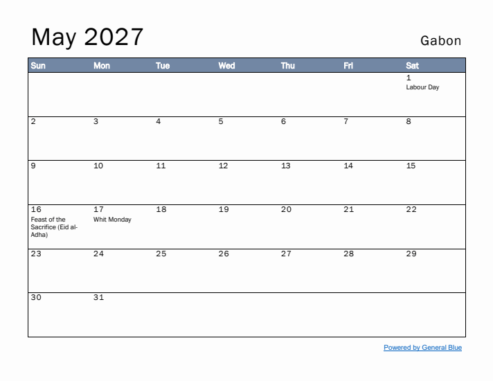 May 2027 Simple Monthly Calendar for Gabon