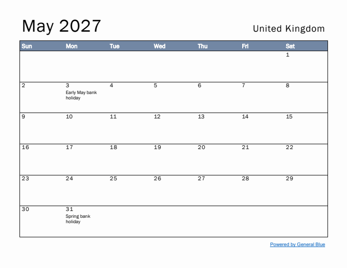 May 2027 Simple Monthly Calendar for United Kingdom