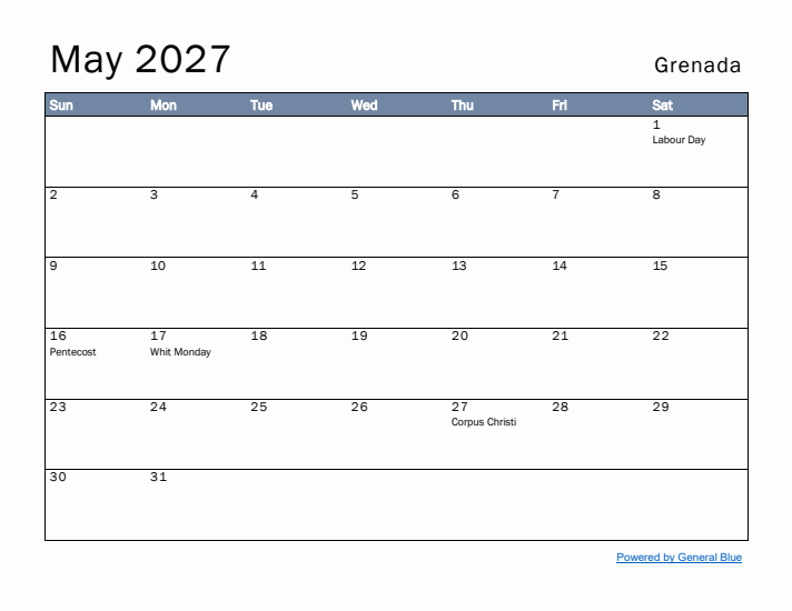 May 2027 Simple Monthly Calendar for Grenada