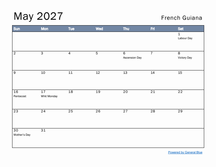 May 2027 Simple Monthly Calendar for French Guiana