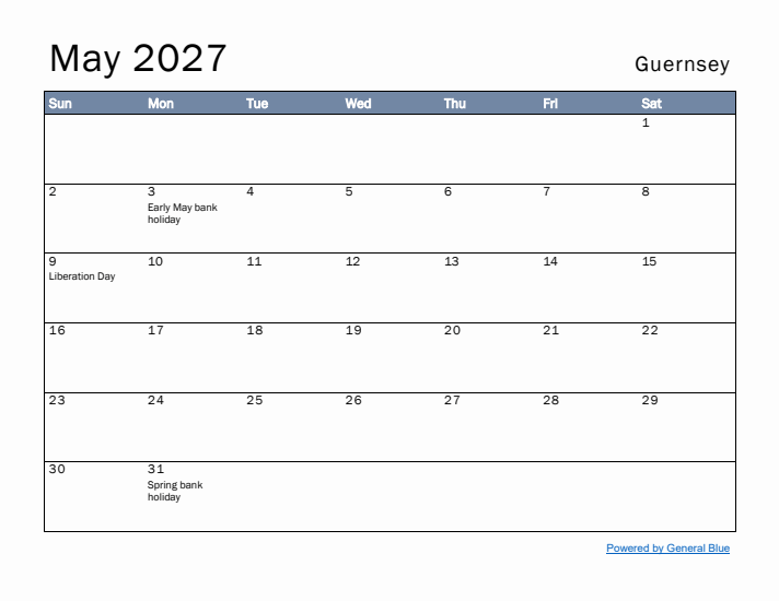 May 2027 Simple Monthly Calendar for Guernsey