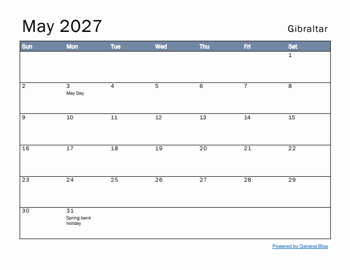 May 2027 Simple Monthly Calendar for Gibraltar