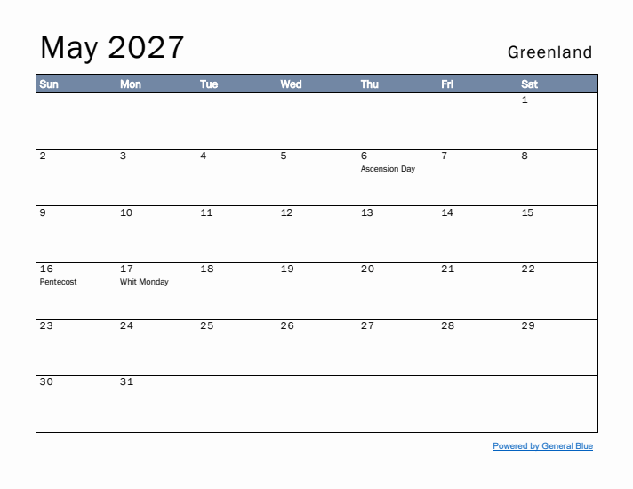 May 2027 Simple Monthly Calendar for Greenland