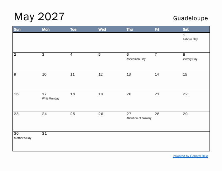 May 2027 Simple Monthly Calendar for Guadeloupe