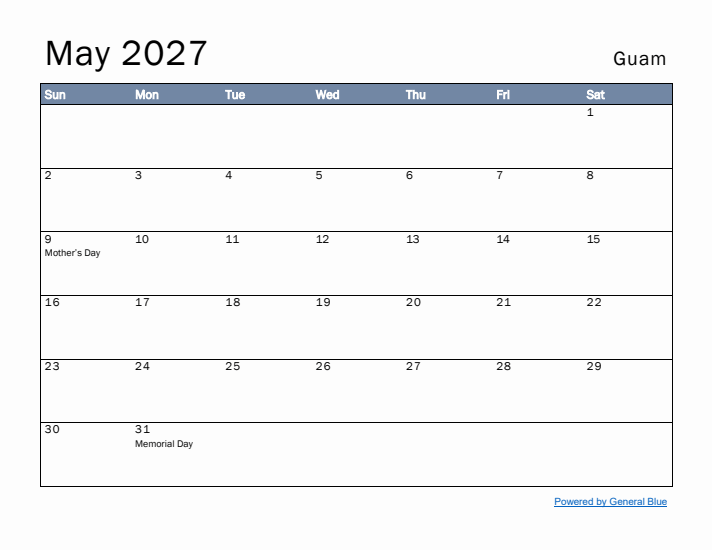 May 2027 Simple Monthly Calendar for Guam