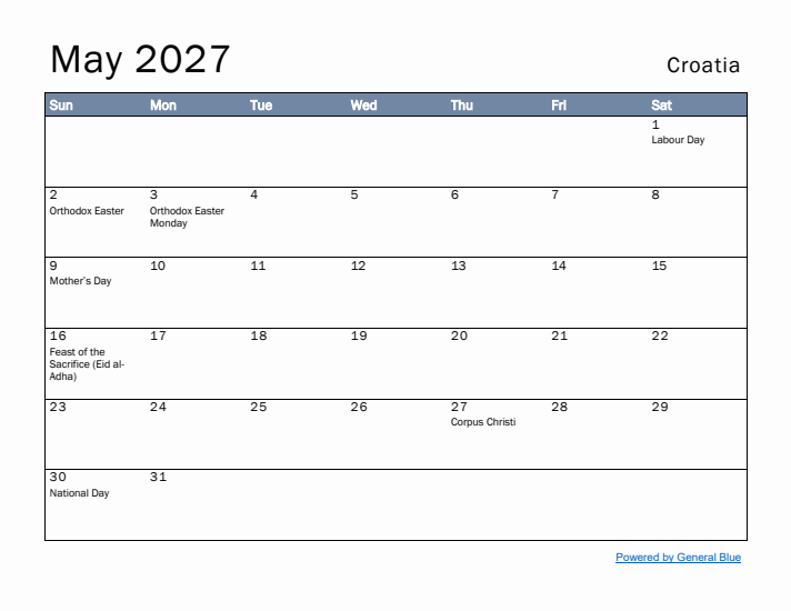 May 2027 Simple Monthly Calendar for Croatia