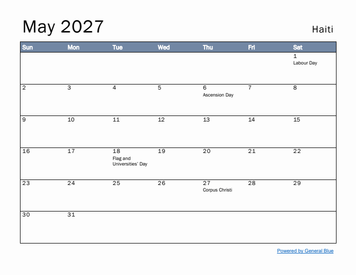 May 2027 Simple Monthly Calendar for Haiti