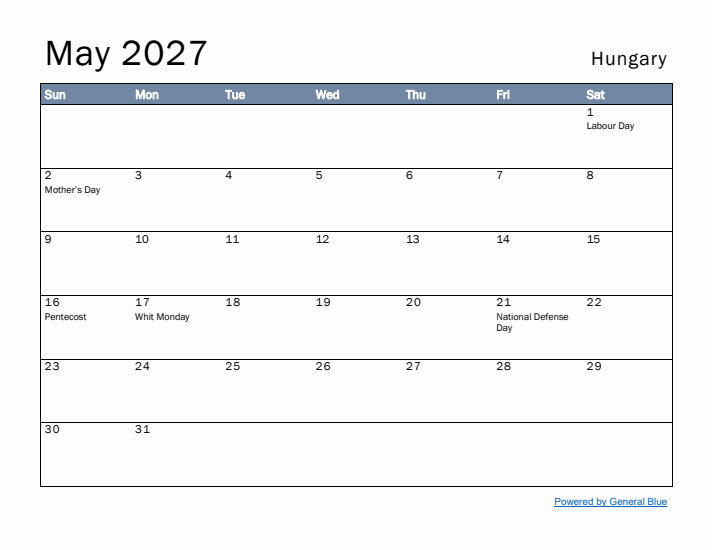 May 2027 Simple Monthly Calendar for Hungary