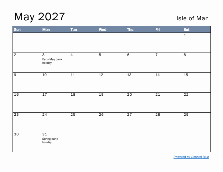 May 2027 Simple Monthly Calendar for Isle of Man