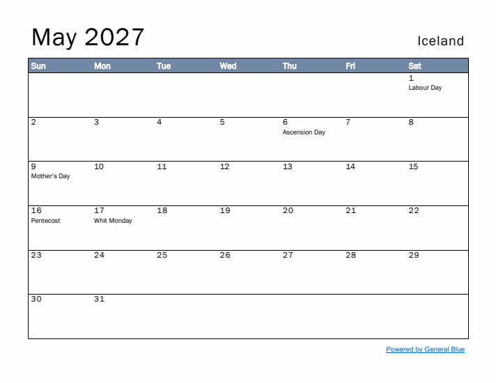 May 2027 Simple Monthly Calendar for Iceland