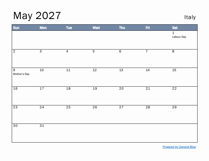 May 2027 Simple Monthly Calendar for Italy