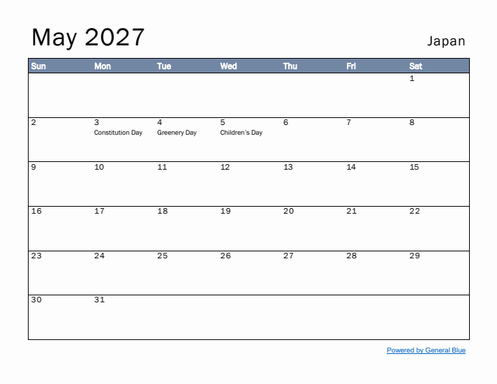 May 2027 Simple Monthly Calendar for Japan