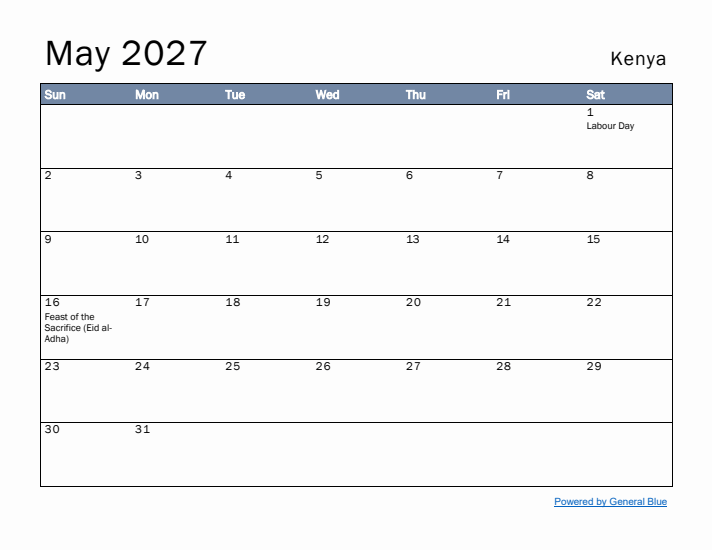 May 2027 Simple Monthly Calendar for Kenya