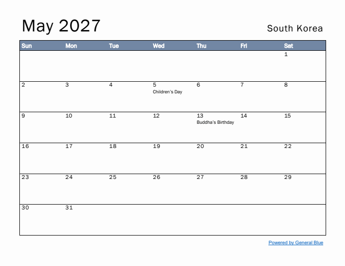 May 2027 Simple Monthly Calendar for South Korea