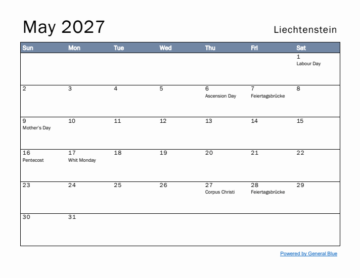 May 2027 Simple Monthly Calendar for Liechtenstein