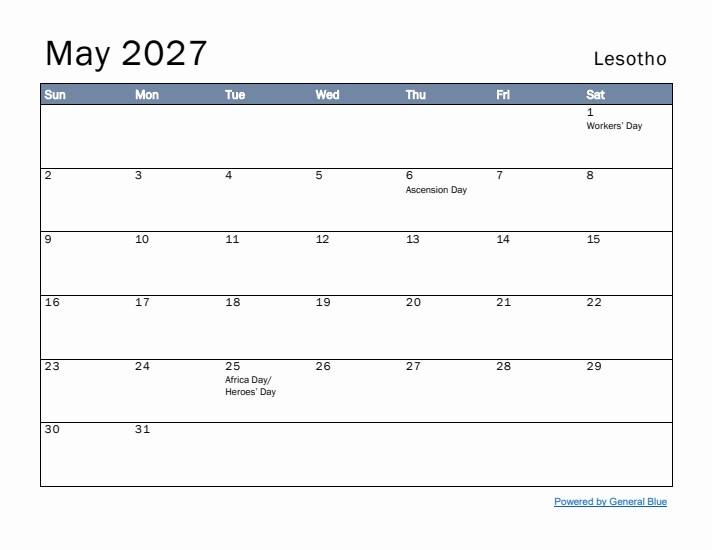 May 2027 Simple Monthly Calendar for Lesotho