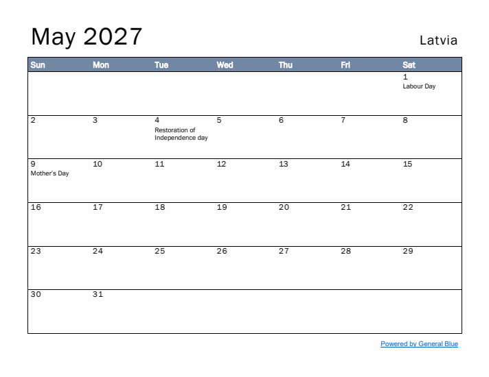 May 2027 Simple Monthly Calendar for Latvia