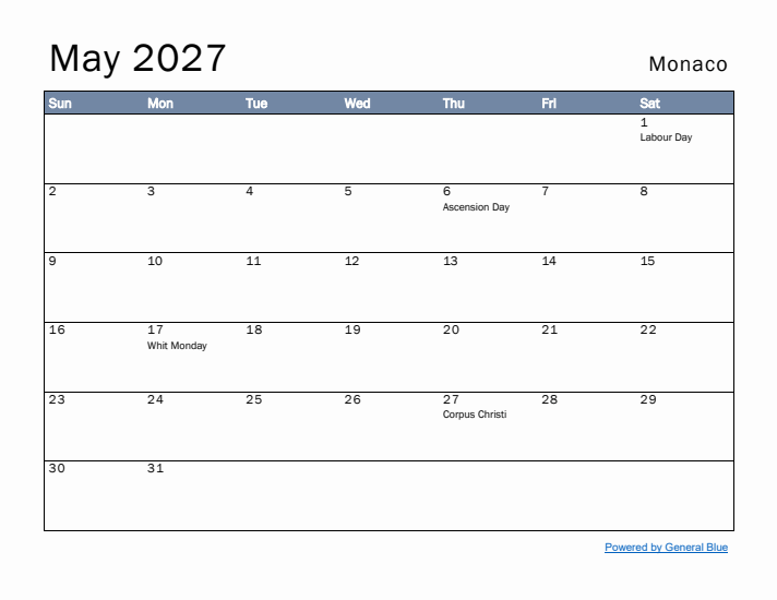 May 2027 Simple Monthly Calendar for Monaco