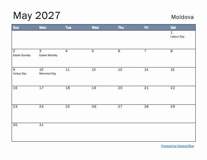 May 2027 Simple Monthly Calendar for Moldova