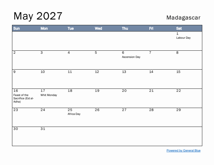 May 2027 Simple Monthly Calendar for Madagascar