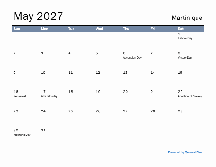 May 2027 Simple Monthly Calendar for Martinique