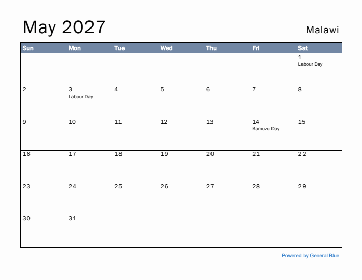 May 2027 Simple Monthly Calendar for Malawi