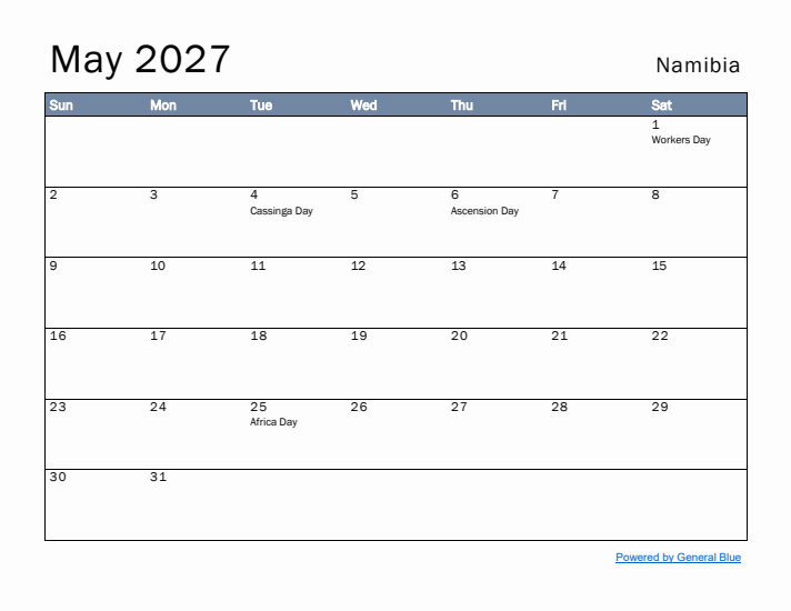 May 2027 Simple Monthly Calendar for Namibia