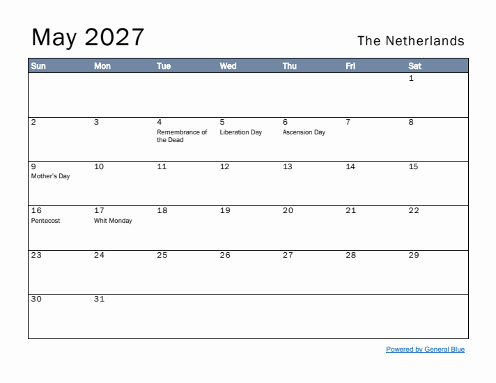 May 2027 Simple Monthly Calendar for The Netherlands