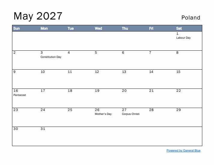 May 2027 Simple Monthly Calendar for Poland