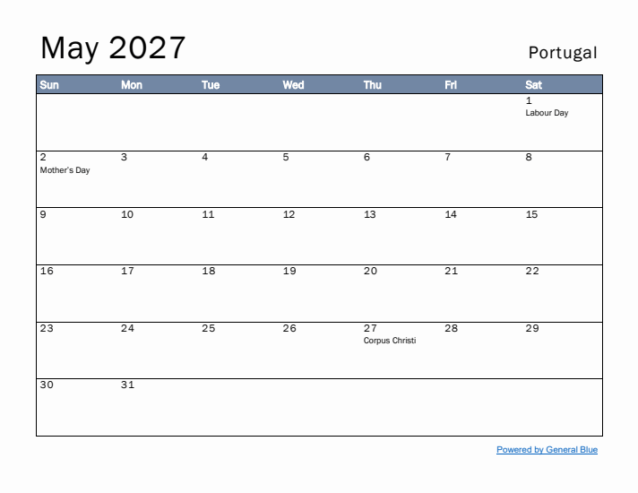 May 2027 Simple Monthly Calendar for Portugal