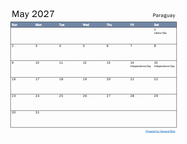 May 2027 Simple Monthly Calendar for Paraguay