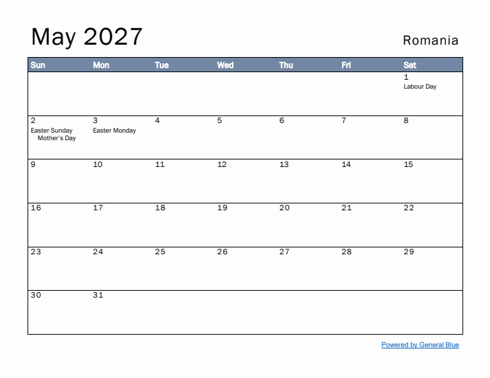 May 2027 Simple Monthly Calendar for Romania